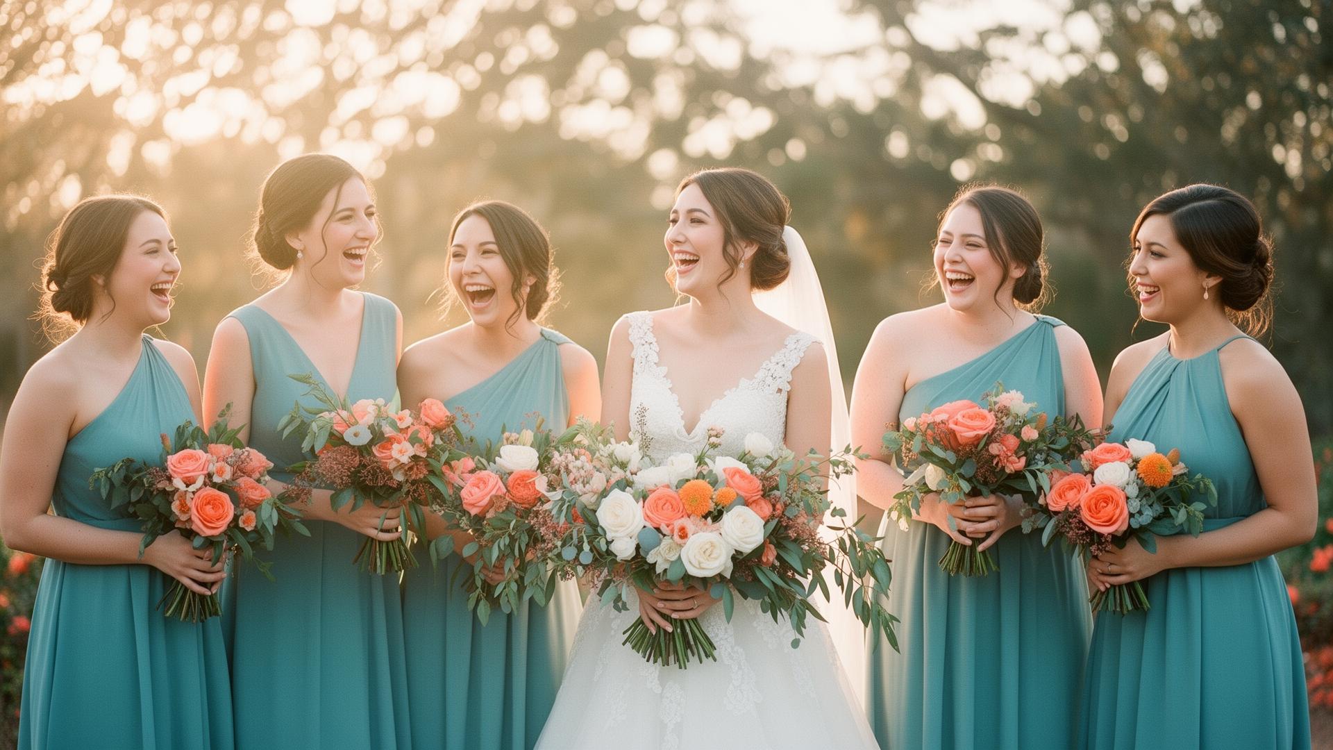 Bride and bridesmaids laughing at golden hour